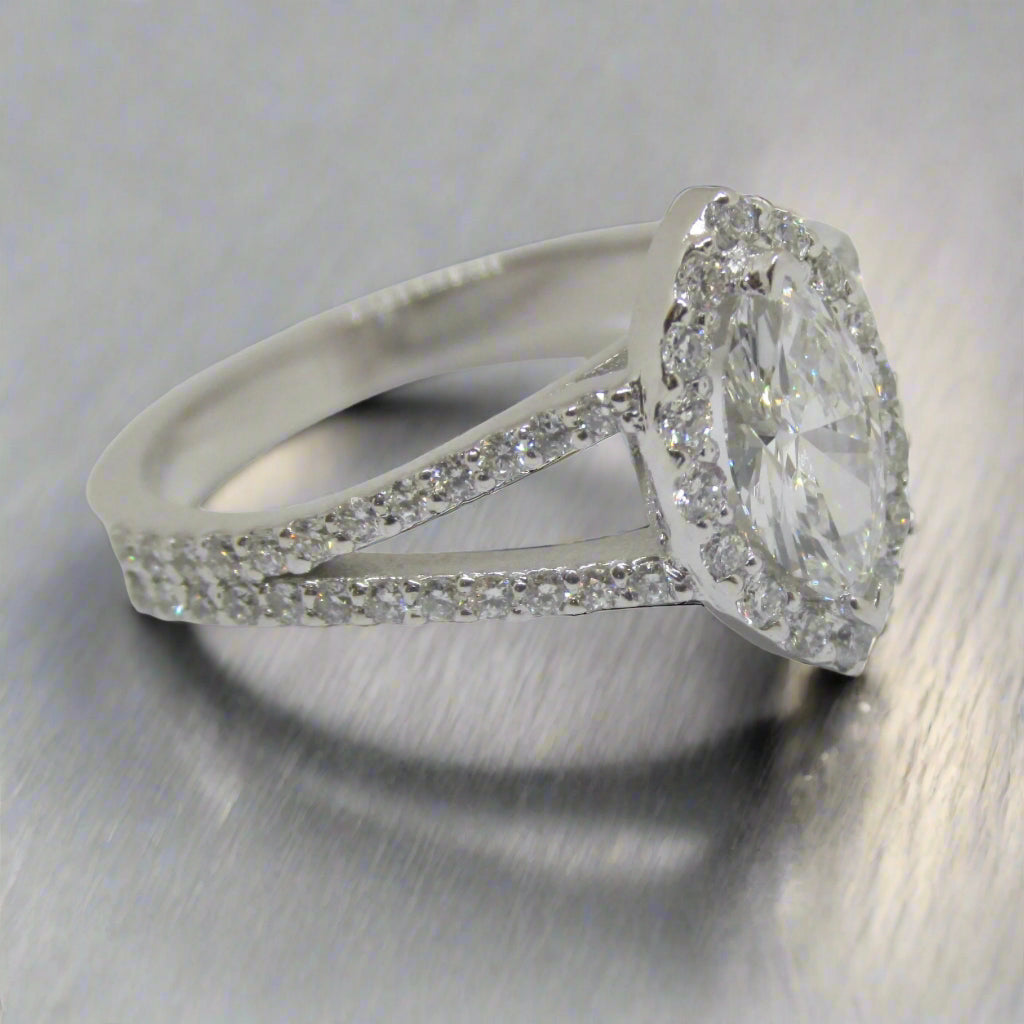Marquise Diamond Engagement Ring with Split Band Halo Design -