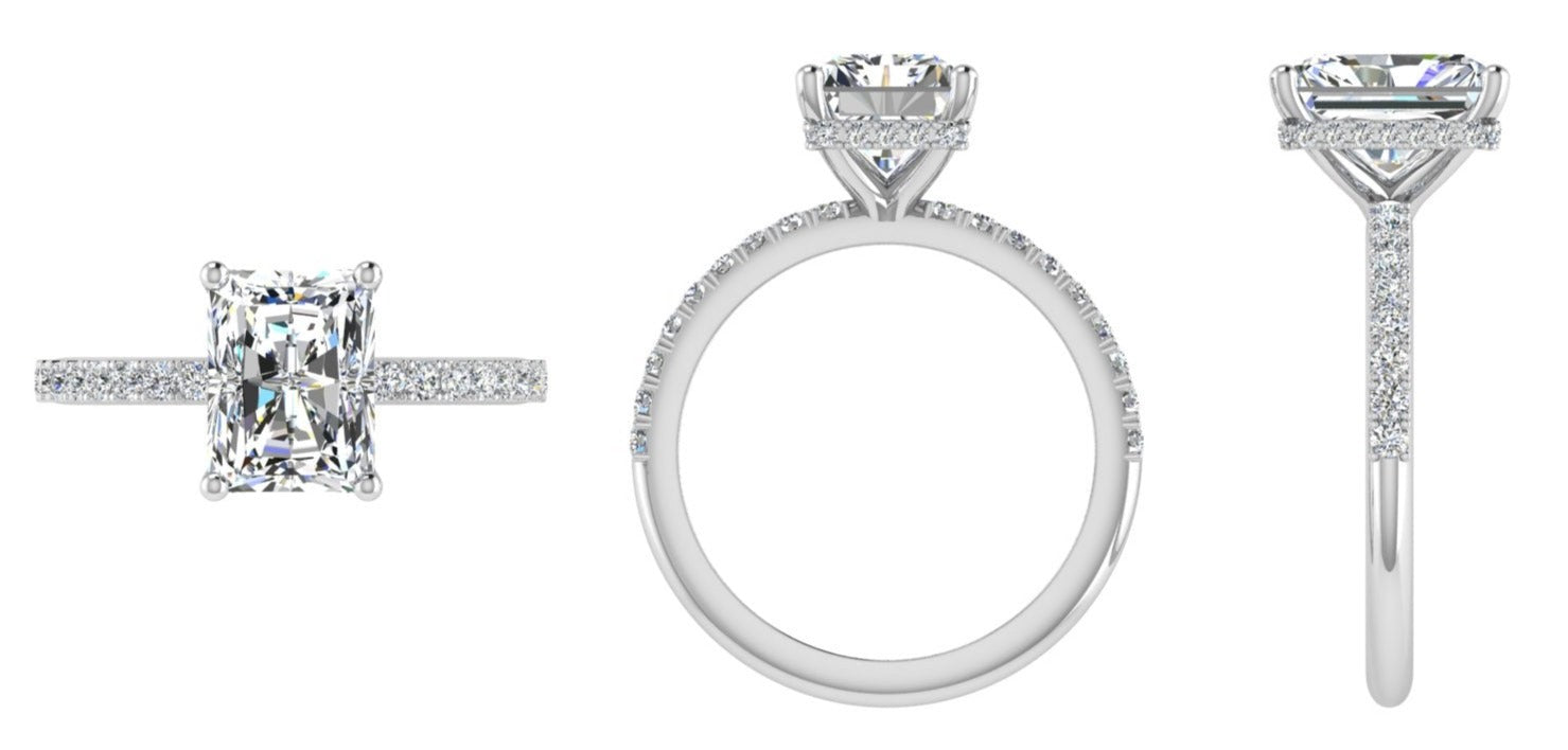Elongated Cushion Diamond Side Stones Hidden Halo Engagement Ring - TheNetJeweler