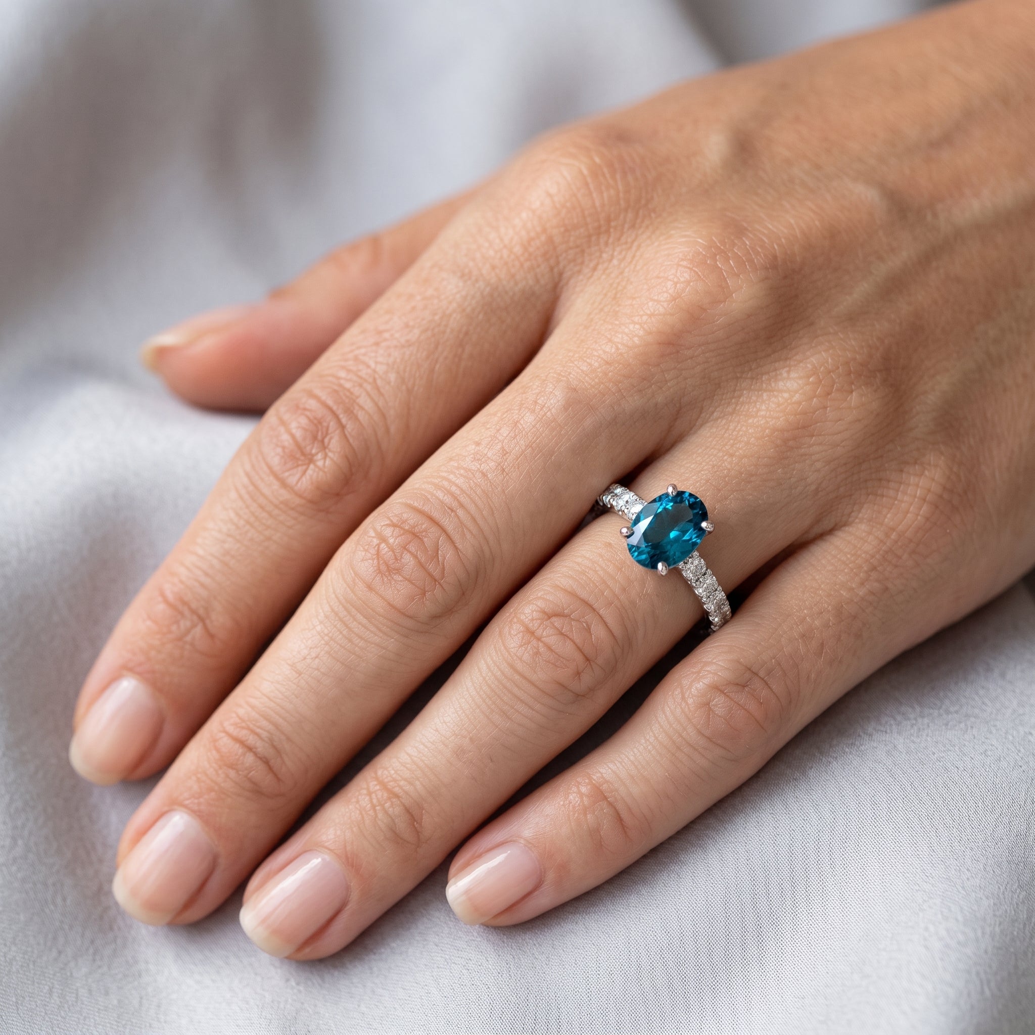 Oval Blue Topaz Diamond Ring in 14K White Gold — 1.36 ct Gemstone - Thenetjeweler