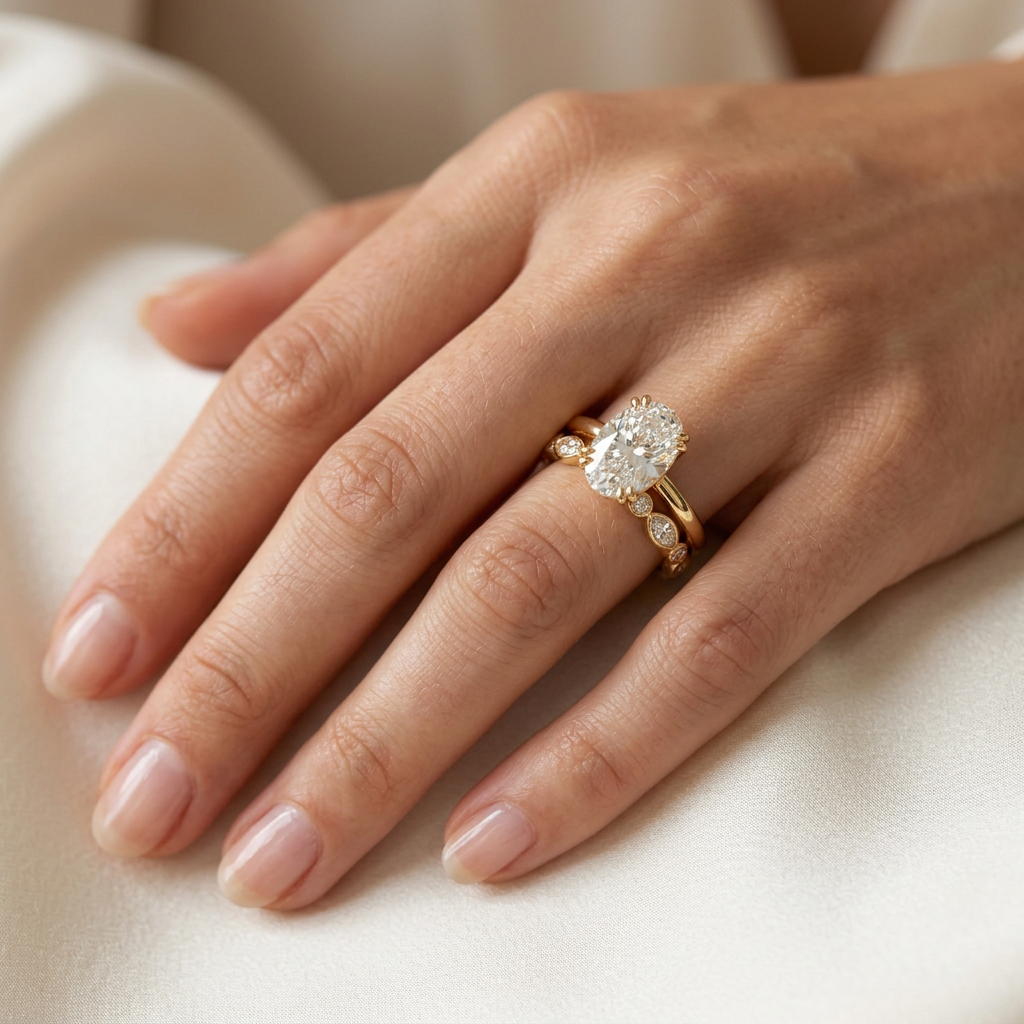Diamond Dot Marquise Band with Oval Solitaire Ring