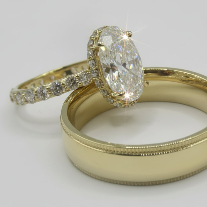 Close-up of 3.11 ct Oval Lab Diamond, D color, showing brilliant-cut facets