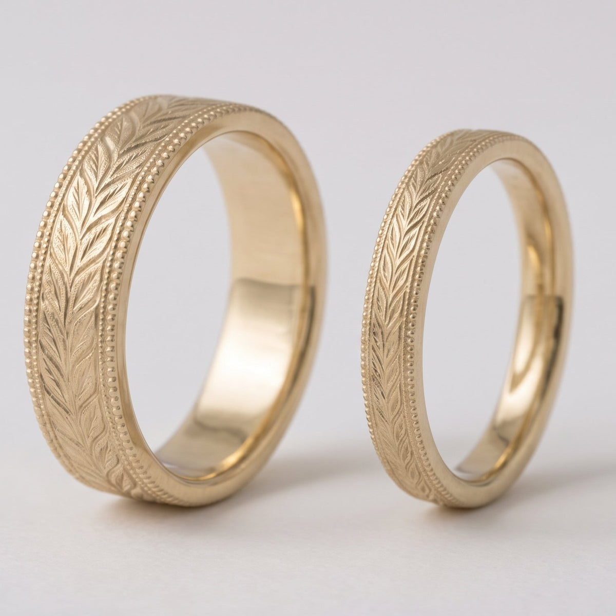 Hand-Engraved Laurel Leaf & Milgrain Matching Wedding Bands - Thenetjeweler