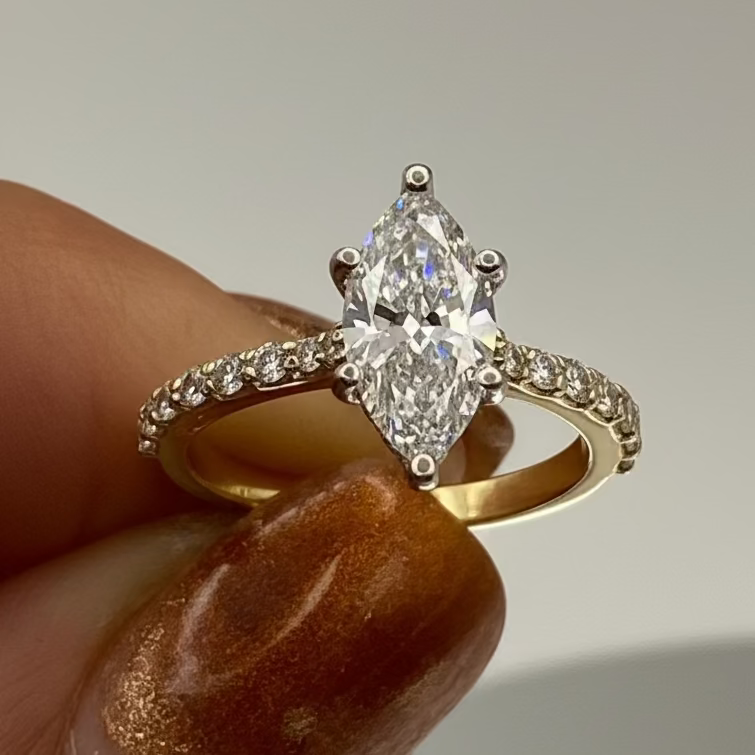 Marquise Diamond Engagement Ring | 1 Carat with Pavé Side Stones in 14k Two-Tone Gold