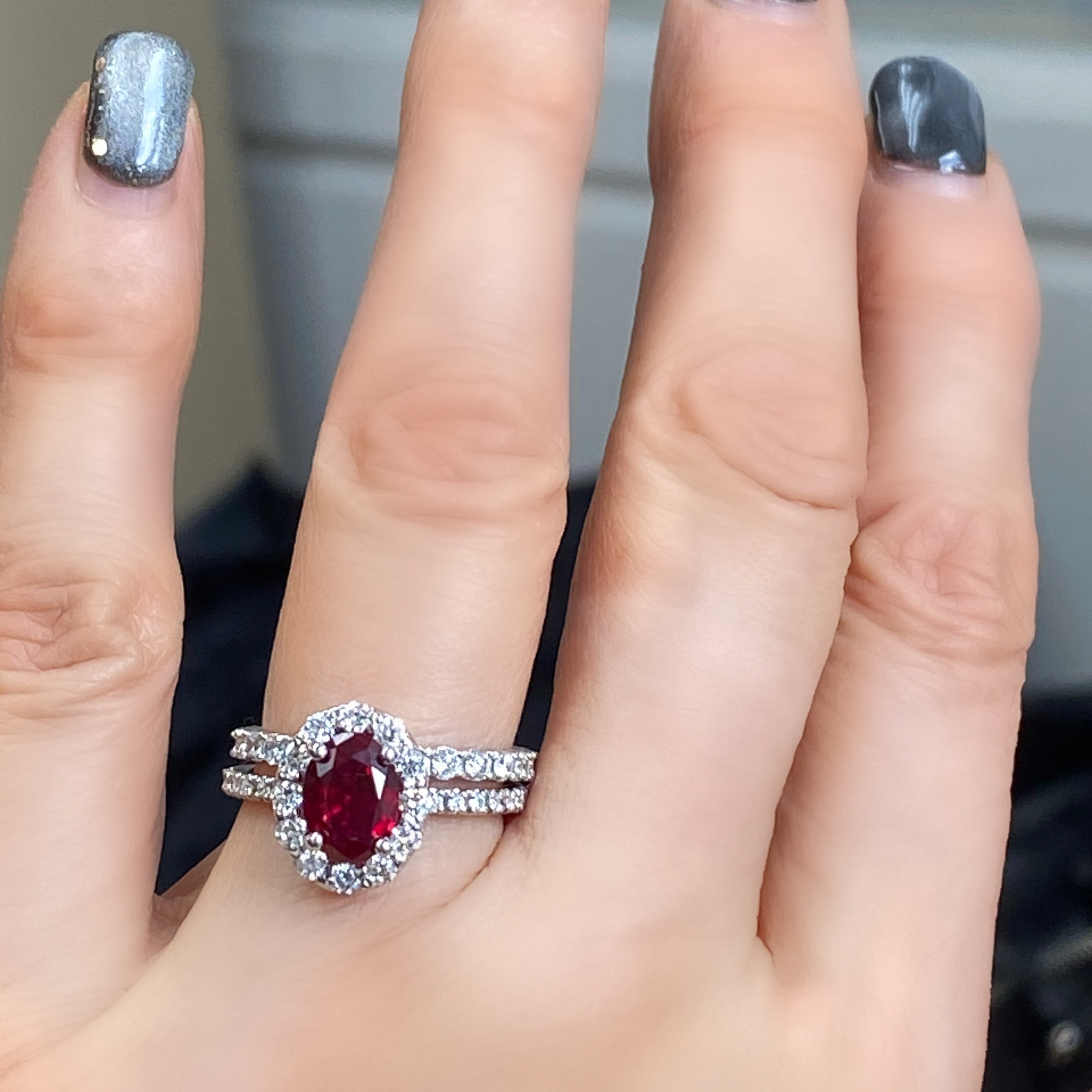 Oval Ruby Diamond Halo Engagement Ring - Thenjeweler