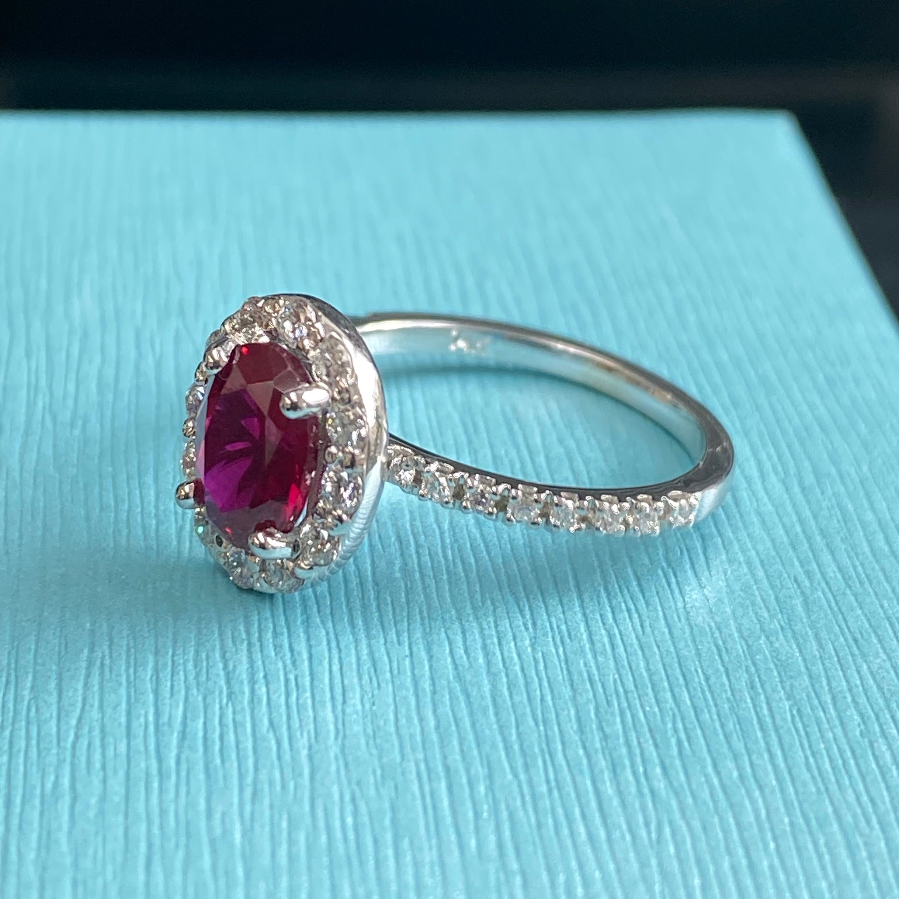 Oval Ruby Diamond Halo Engagement Ring - Thenjeweler