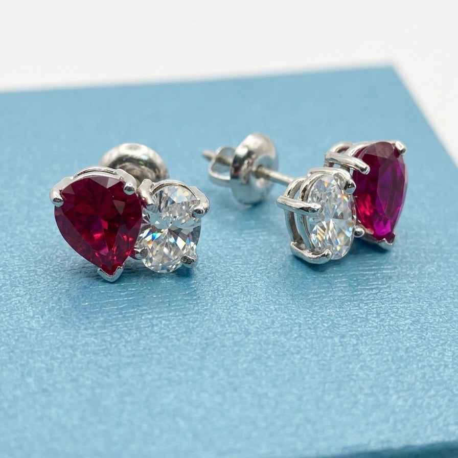 Pear Ruby & Oval Diamond Toi et Moi Stud Earrings – 14k White Gold