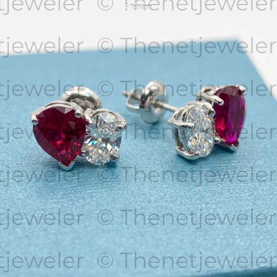 Pear Ruby & Oval Diamond Toi et Moi Stud Earrings – 14k White Gold