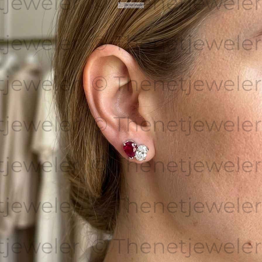 Pear Ruby & Oval Diamond Toi et Moi Stud Earrings – 14k White Gold