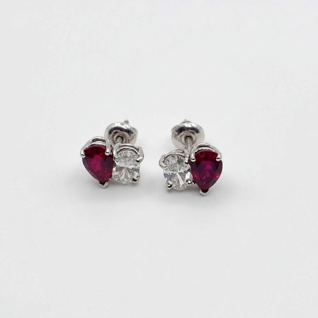 Pear Ruby & Oval Diamond Toi et Moi Stud Earrings β 14k White Gold
