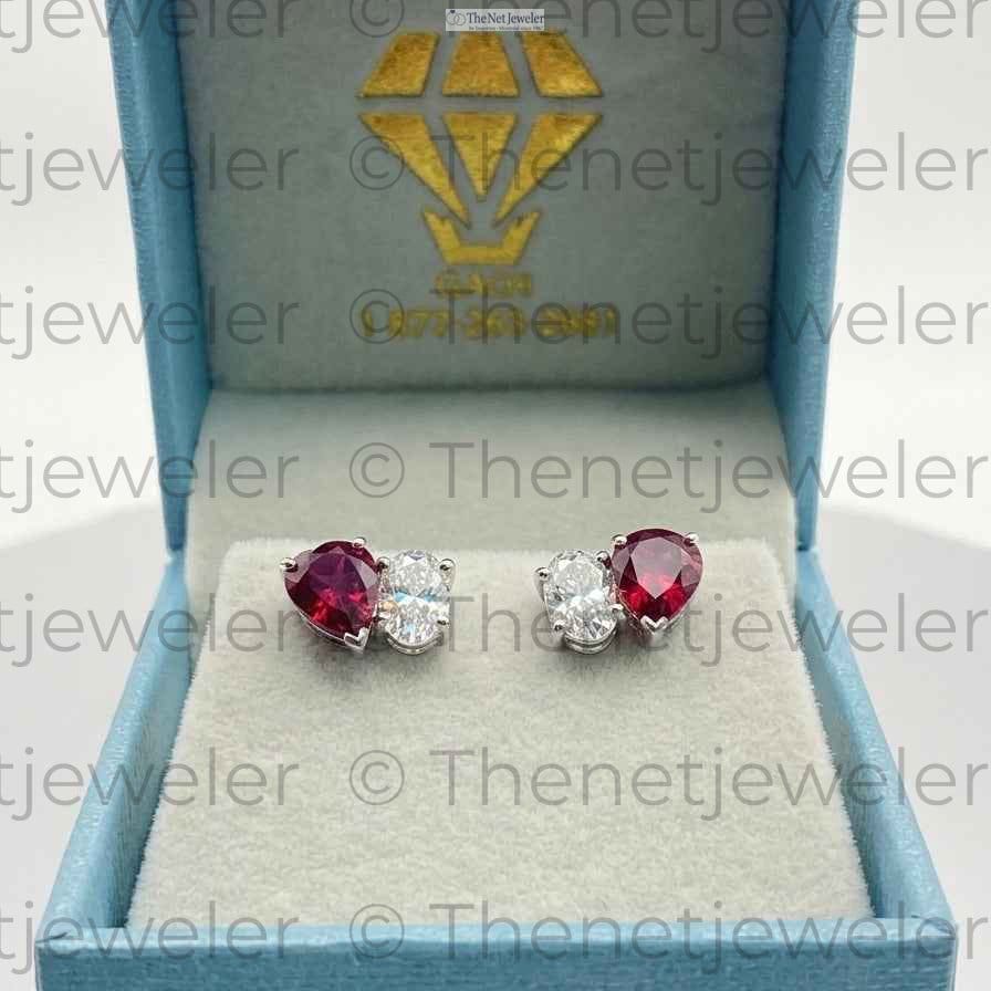 Pear Ruby & Oval Diamond Toi et Moi Stud Earrings – 14k White Gold