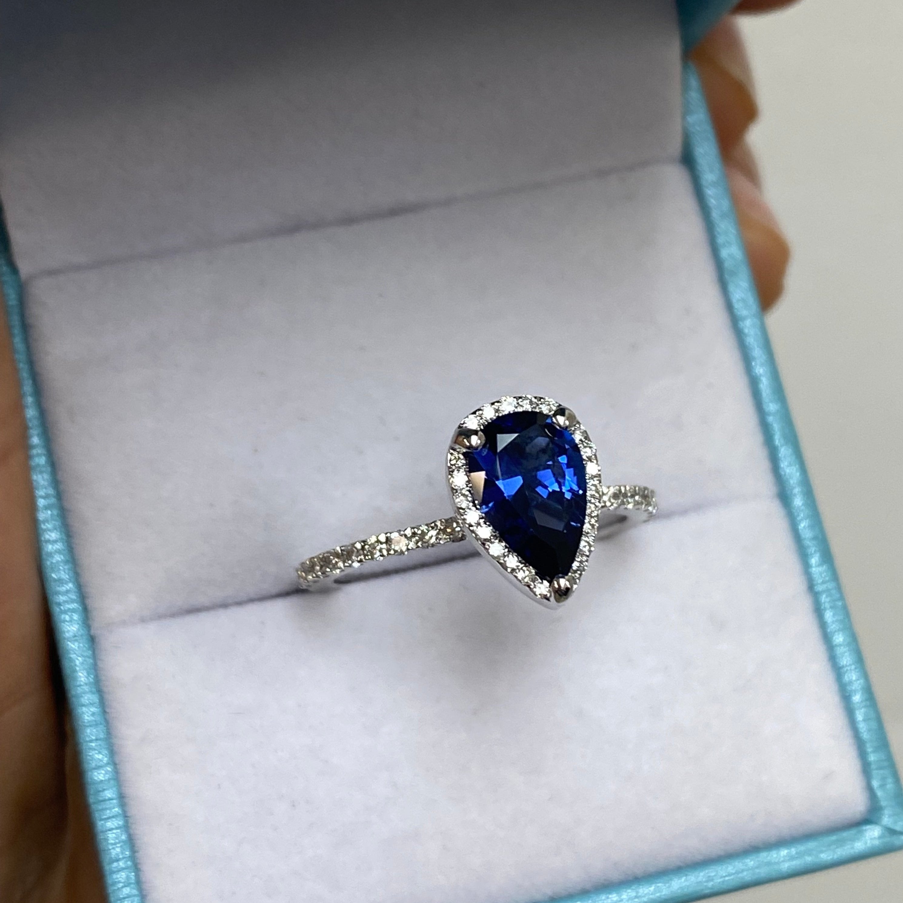 Pear Sapphire Engagement Ring Diamond Halo 14k White Gold (9x6mm) - Thenetjeweler