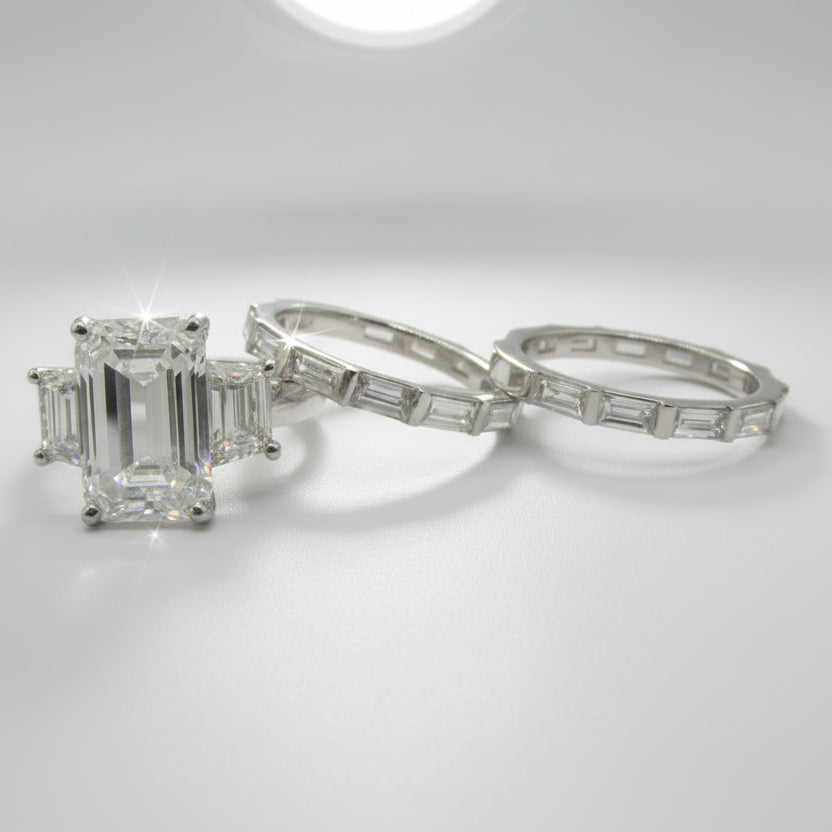 The Heritage Emerald & Baguette Bridal Stack – 18K White Gold