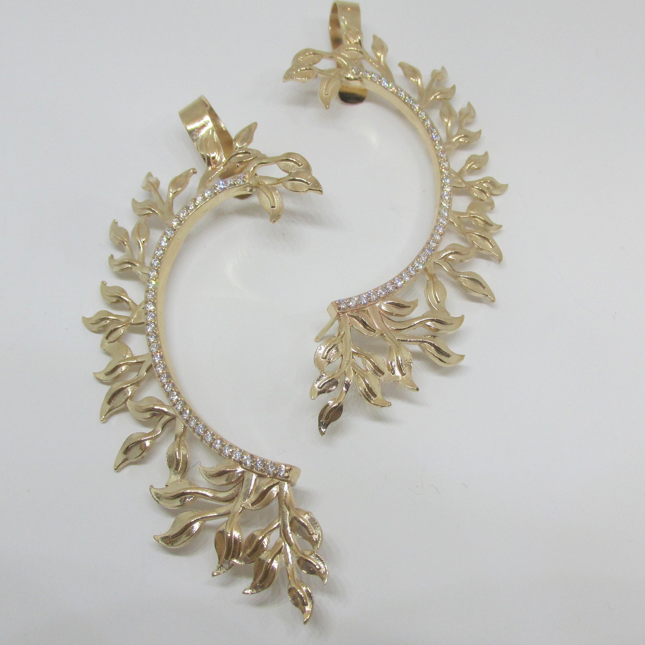 Leaf Shaped Ear Cuff Diamond Climber Earrings 14K Gold - Thenetjeweler
