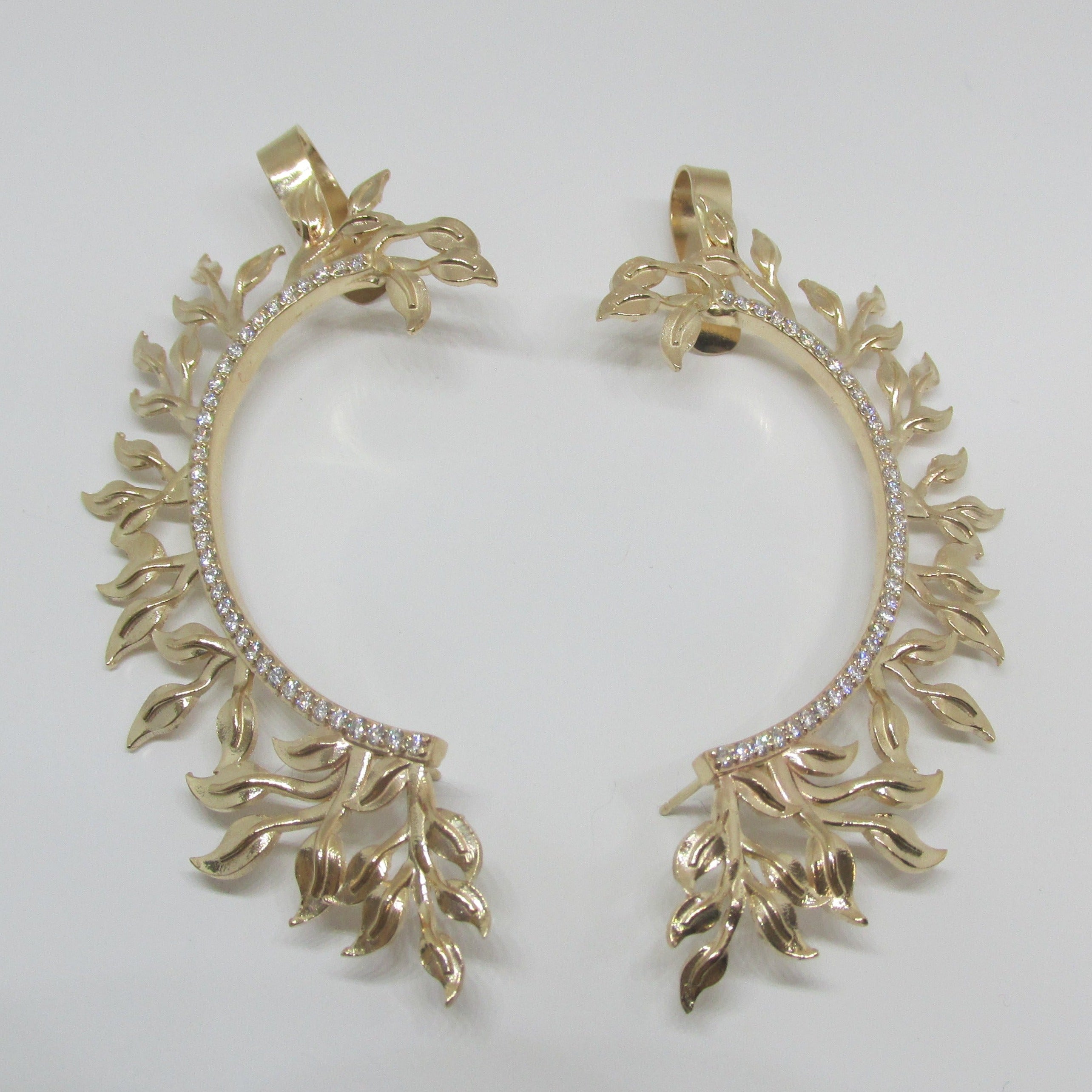 Leaf Shaped Ear Cuff Diamond Climber Earrings 14K Gold - Thenetjeweler