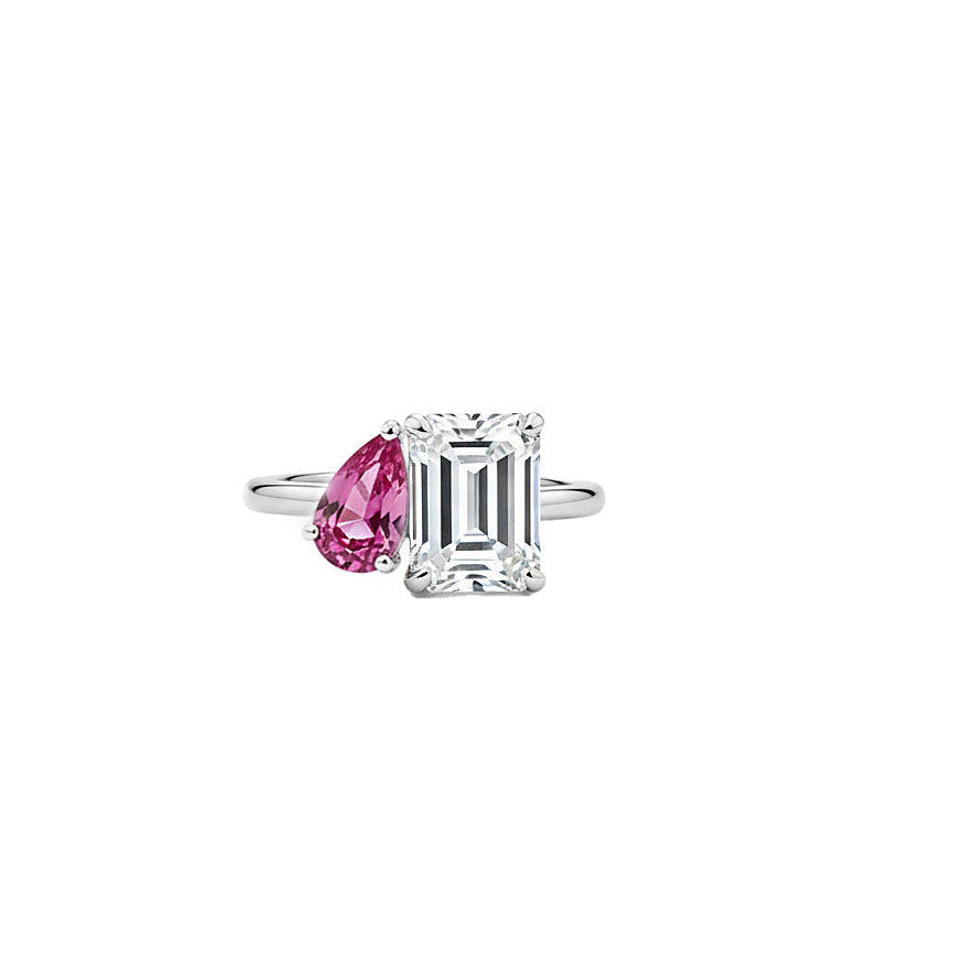 Toi et Moi Ring: Emerald Cut Diamond and Pink Sapphire Pear-Thenetjewele