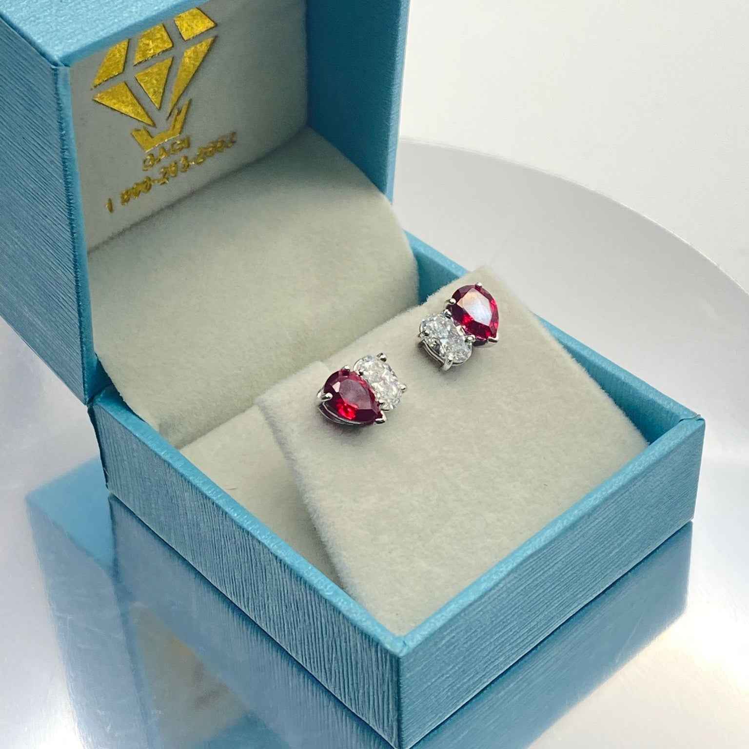 Pear Ruby & Oval Diamond Toi et Moi Stud Earrings – 14k White Gold