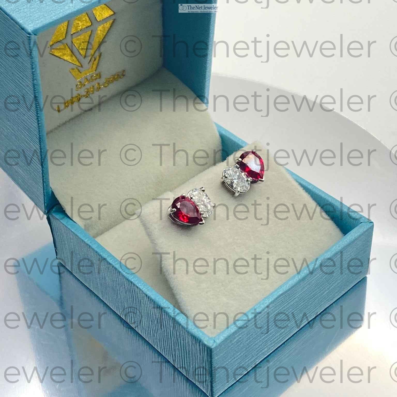 Pear Ruby & Oval Diamond Toi et Moi Stud Earrings – 14k White Gold