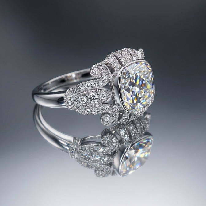 2.5 ct Cushion Cut Lab-Grown Diamond Ring - Vintage Milgrain Style - 14K Gold