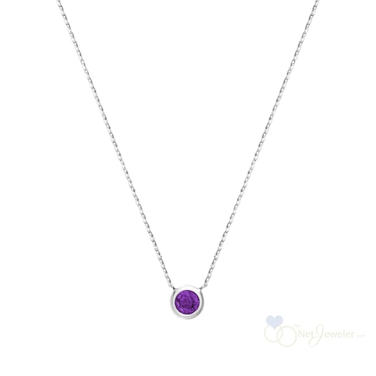 Bezel Set Round Birthstone Necklace - White Gold / Amethyst-February - Necklaces