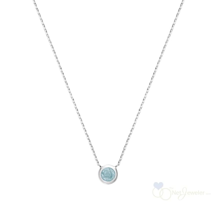 Bezel Set Round Birthstone Necklace - White Gold / Aqua Marine-March - Necklaces