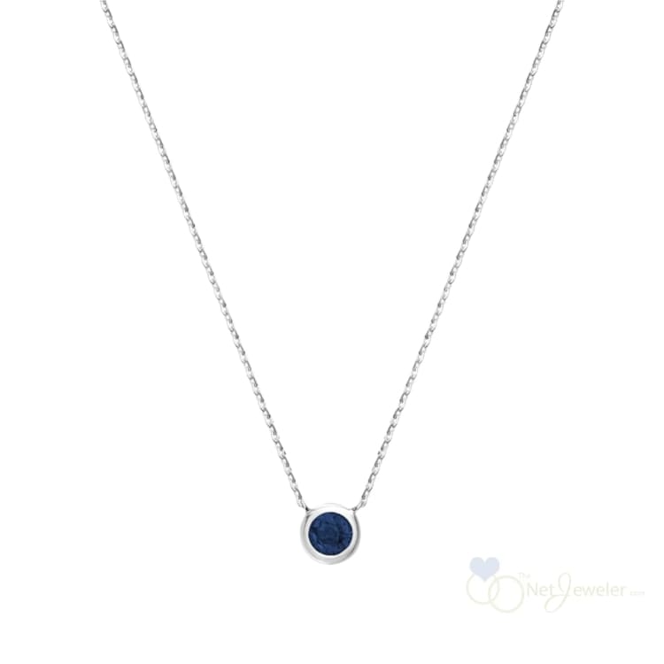 Bezel Set Round Birthstone Necklace - White Gold / Blue Sapphire-September - Necklaces