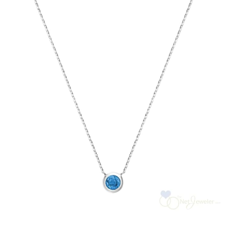 Bezel Set Round Birthstone Necklace - White Gold / Blue Topaz-December - Necklaces