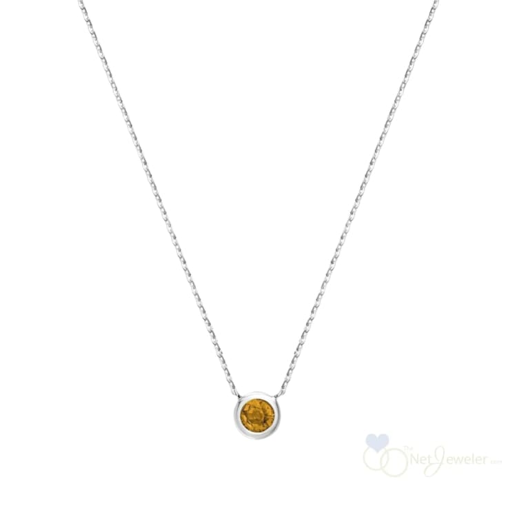 Bezel Set Round Birthstone Necklace - White Gold / Citrine-November - Necklaces