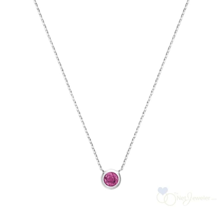Bezel Set Round Birthstone Necklace - White Gold / Pink Topaz-October - Necklaces