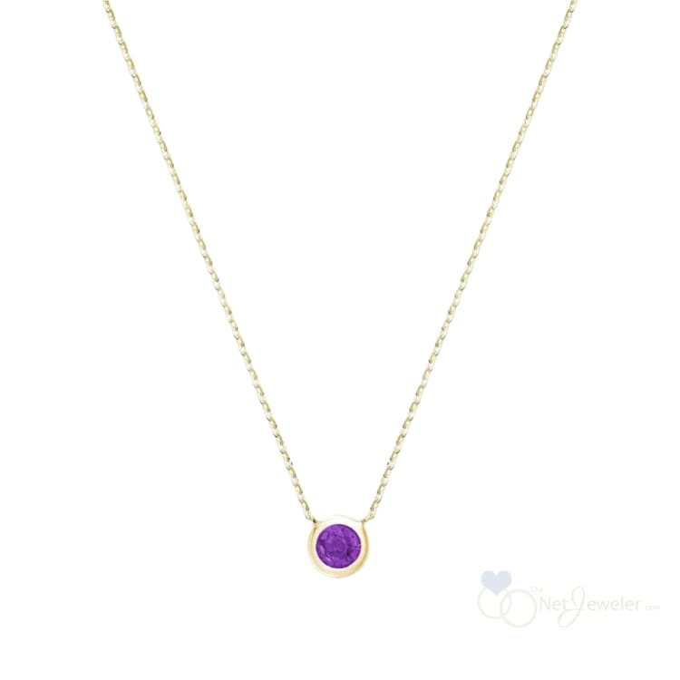 Bezel Set Round Birthstone Necklace - Yellow Gold / Amethyst-February - Necklaces
