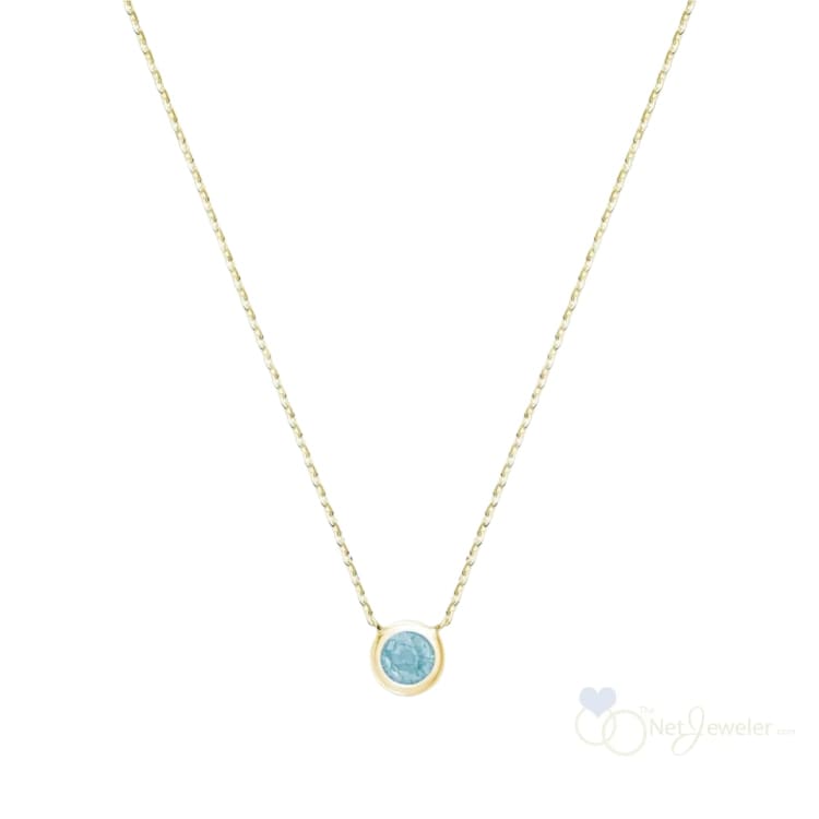 Bezel Set Round Birthstone Necklace - Yellow Gold / Aqua Marine-March - Necklaces
