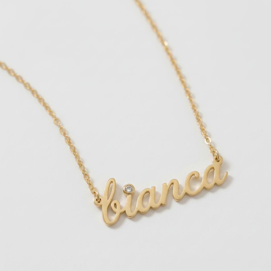Bianca Name Necklace – 14k Solid Yellow Gold with Lab-Grown Diamond Accent