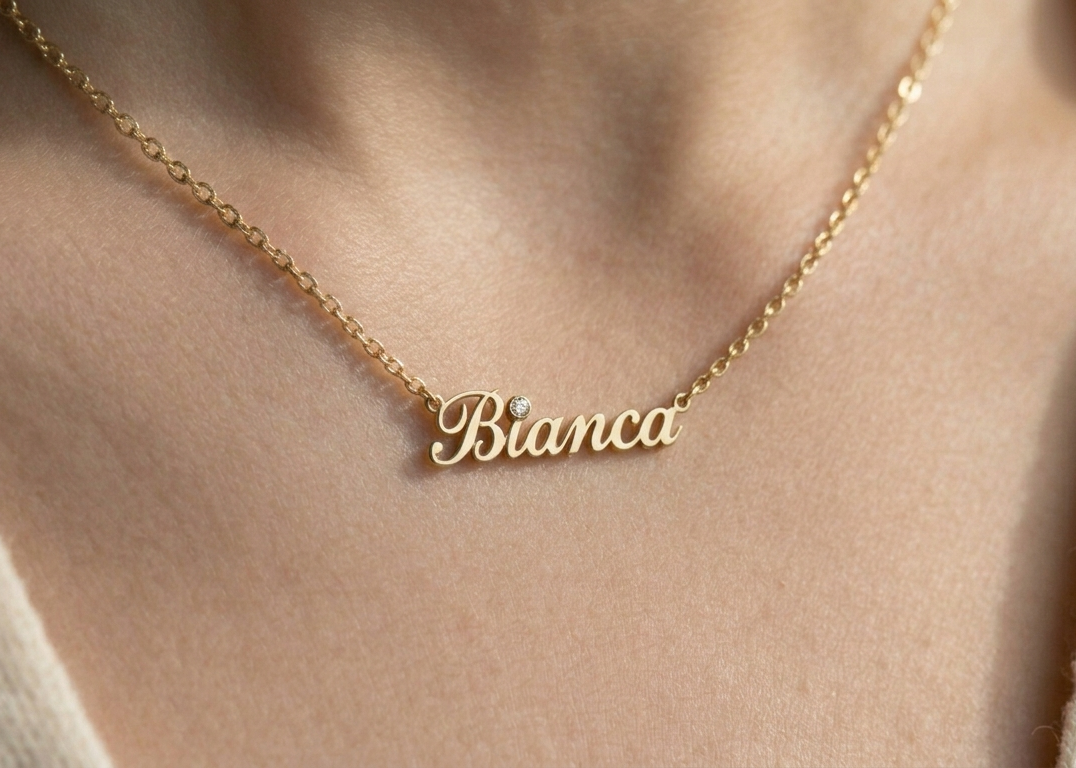 Bianca Name Necklace – 10K, 14K Yellow Gold with Lab-Grown Diamond Accent