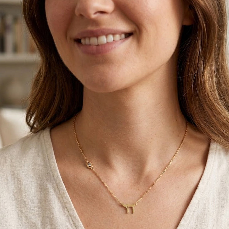Gold Chai Necklace with Off-Center Evil Eye Accent