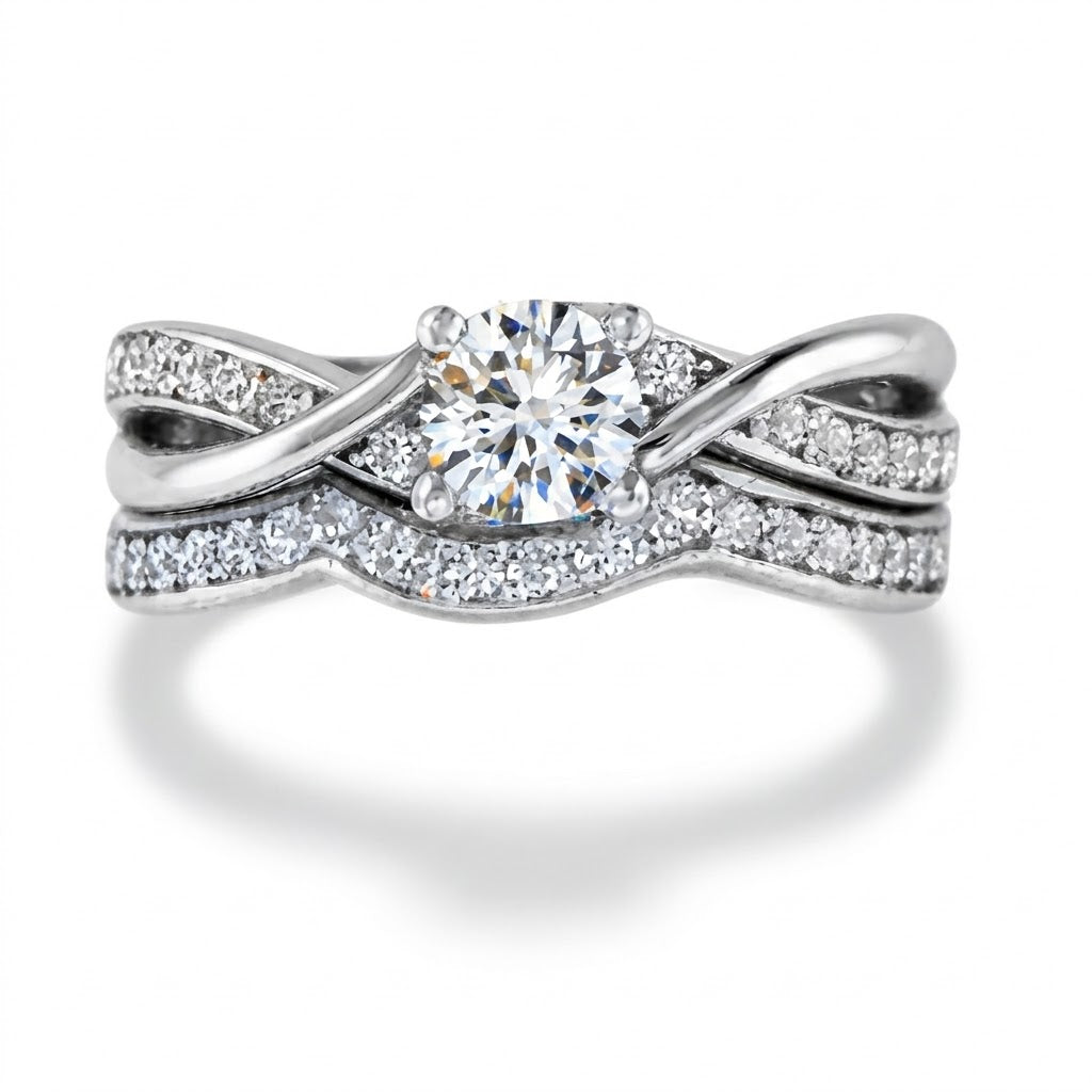 Diamond Infinity Twist Ring and Matching Band - 18K Gold Bridal Set