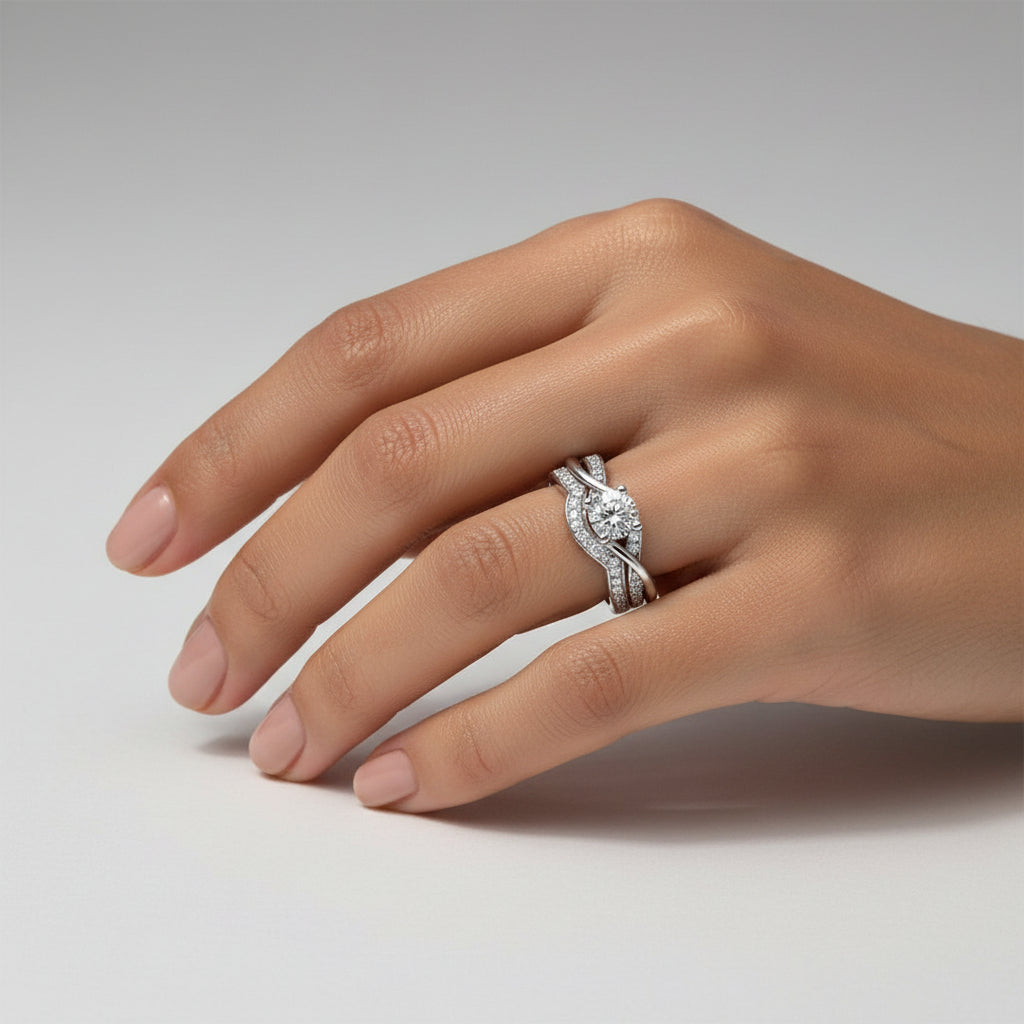 Diamond Infinity Twist Ring and Matching Band - 18K Gold Bridal Set