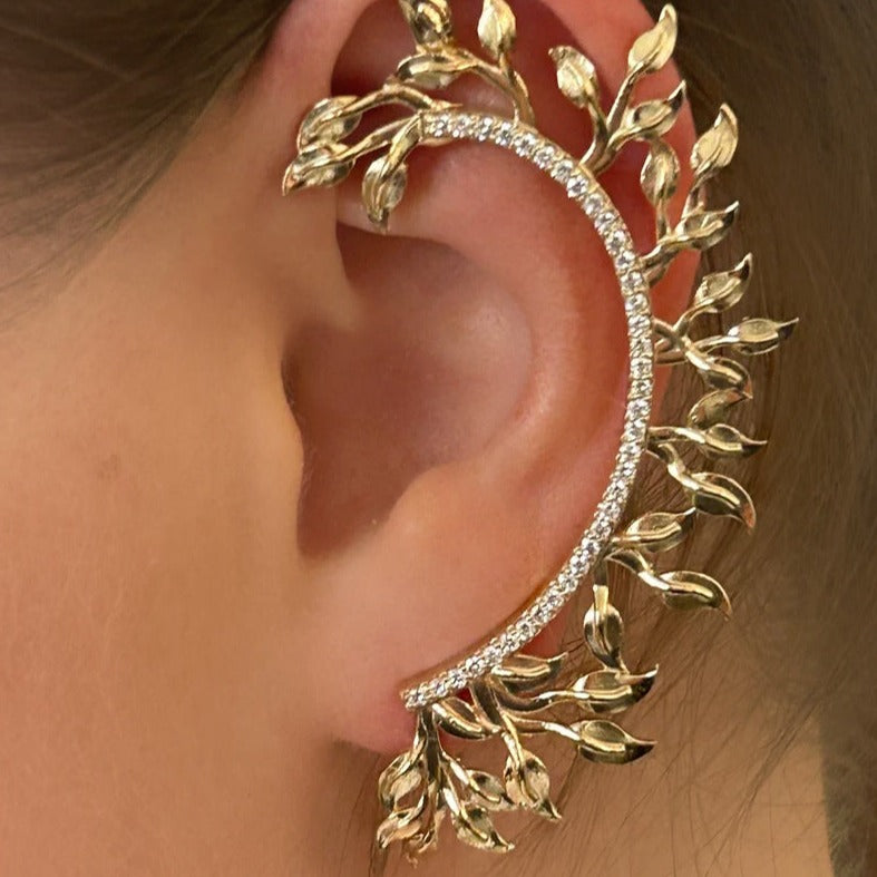 Leaf Shaped Ear Cuff Diamond Climber Earrings 14K Gold - Thenetjeweler