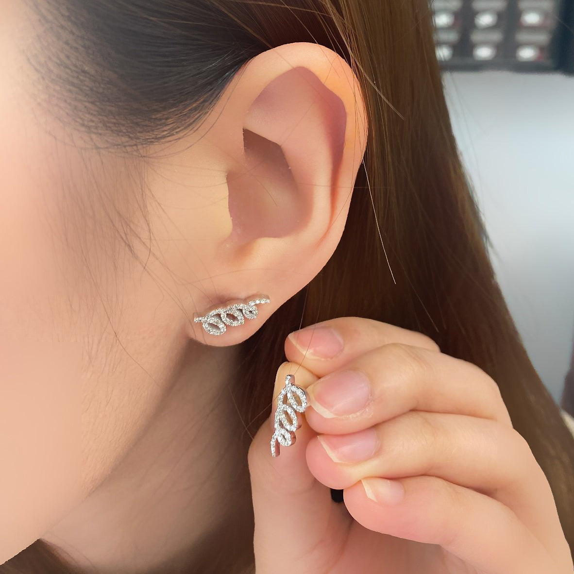 Diamond Swirl Climber Earrings 14K White Gold - Thenetjeweler
