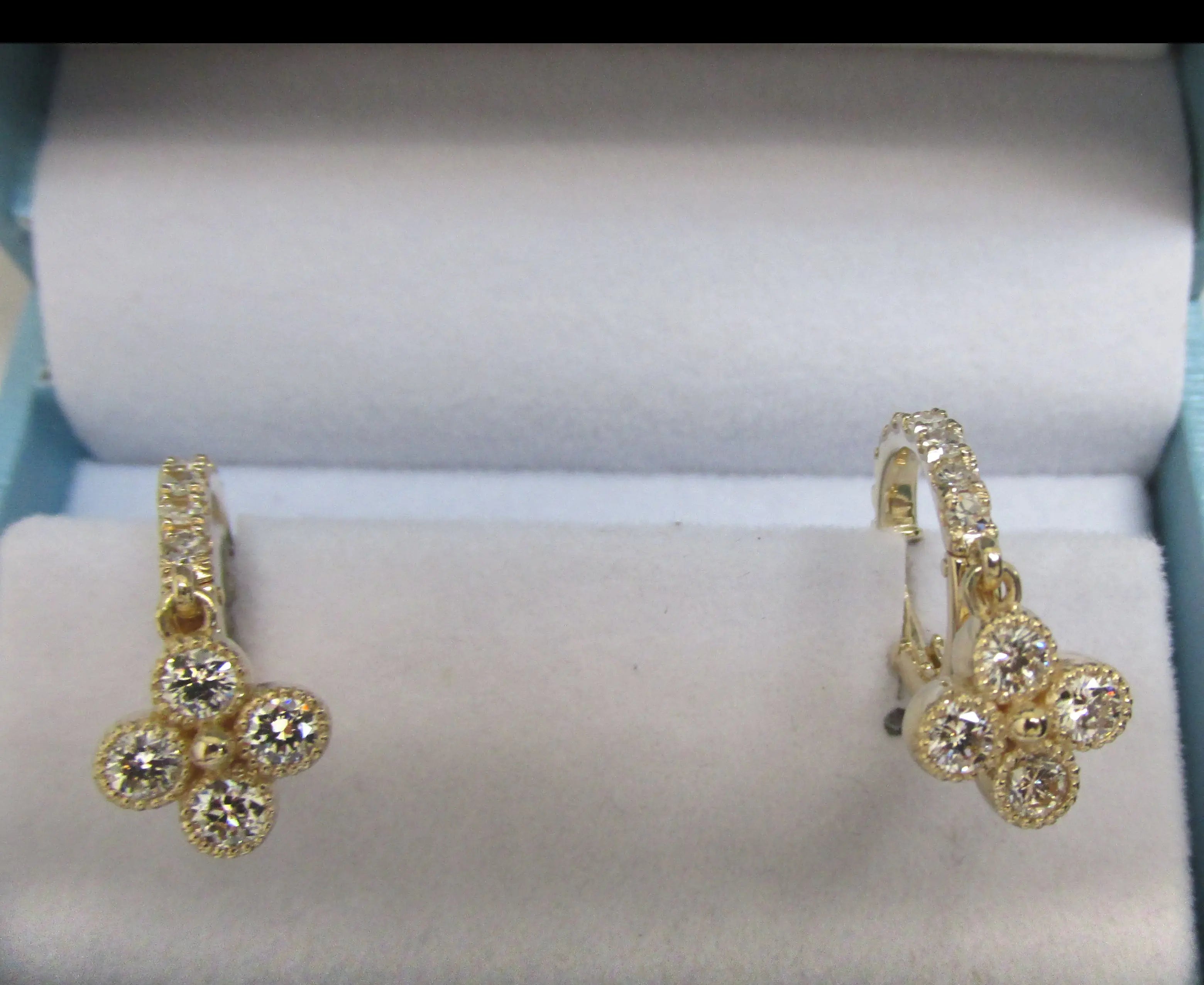 Flower Drop Diamond Huggies Earrings 14K Yellow Gold - Thenetjeweler