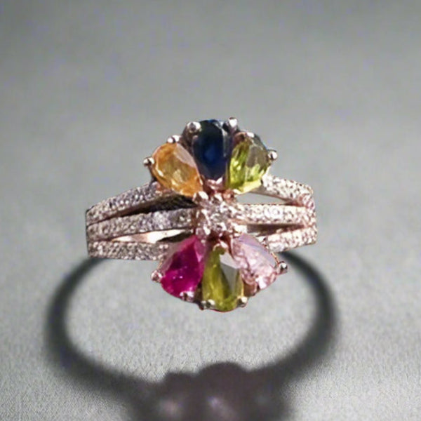 Multi Gemstone and Diamond Floral Ring 14K Gold - TheNetJeweler