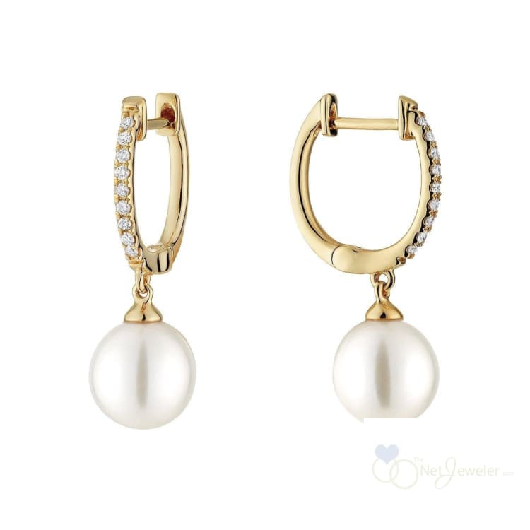 Cultured Pearl & Diamond Dangle Earrings - Yellow Gold / 0.12CTDI / Cultured Freshwater Pearl - Earrings