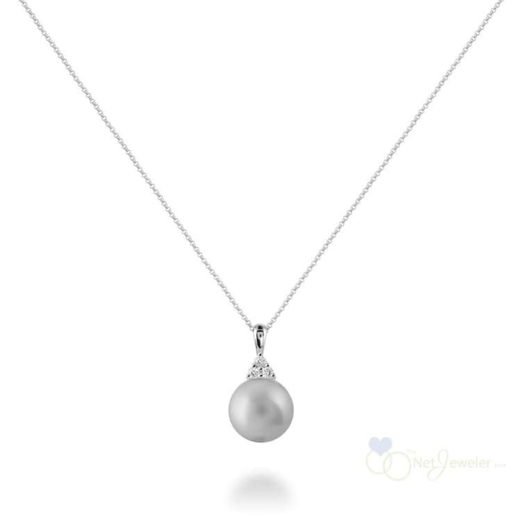 Cultured Pearl & Trinity Diamond Pendant - White Gold / Grey Pearl - Pendants
