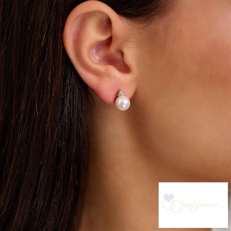 Cultured Pearl & Trinity Diamond Stud Earrings-RNB Jewellery