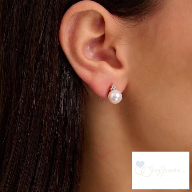 Cultured Pearl & Trinity Diamond Stud Earrings-RNB Jewellery