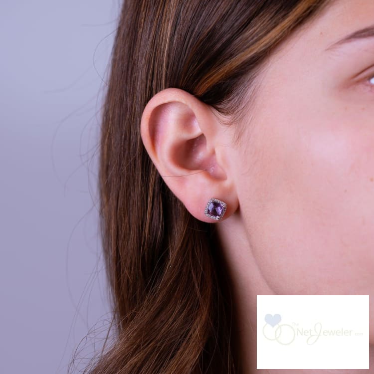 Cushion Colored Stone & Diamond Halo Stud Earrings-RNB Jewellery