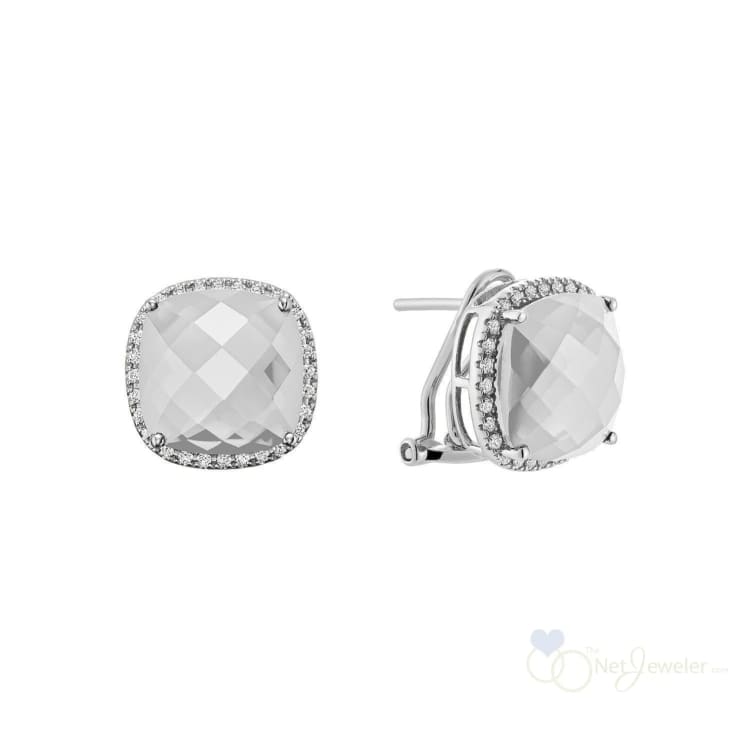 Cushion Cut Precious Stone & Diamond Halo Earrings - White Gold / White Topaz / Closeout - Earrings