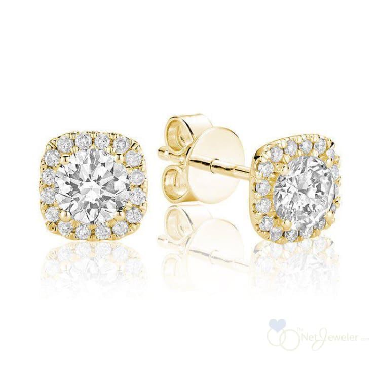 Cushion Mount Diamond Halo Stud Earrings - Yellow Gold / 0.23CTDI / Closeout - Earrings