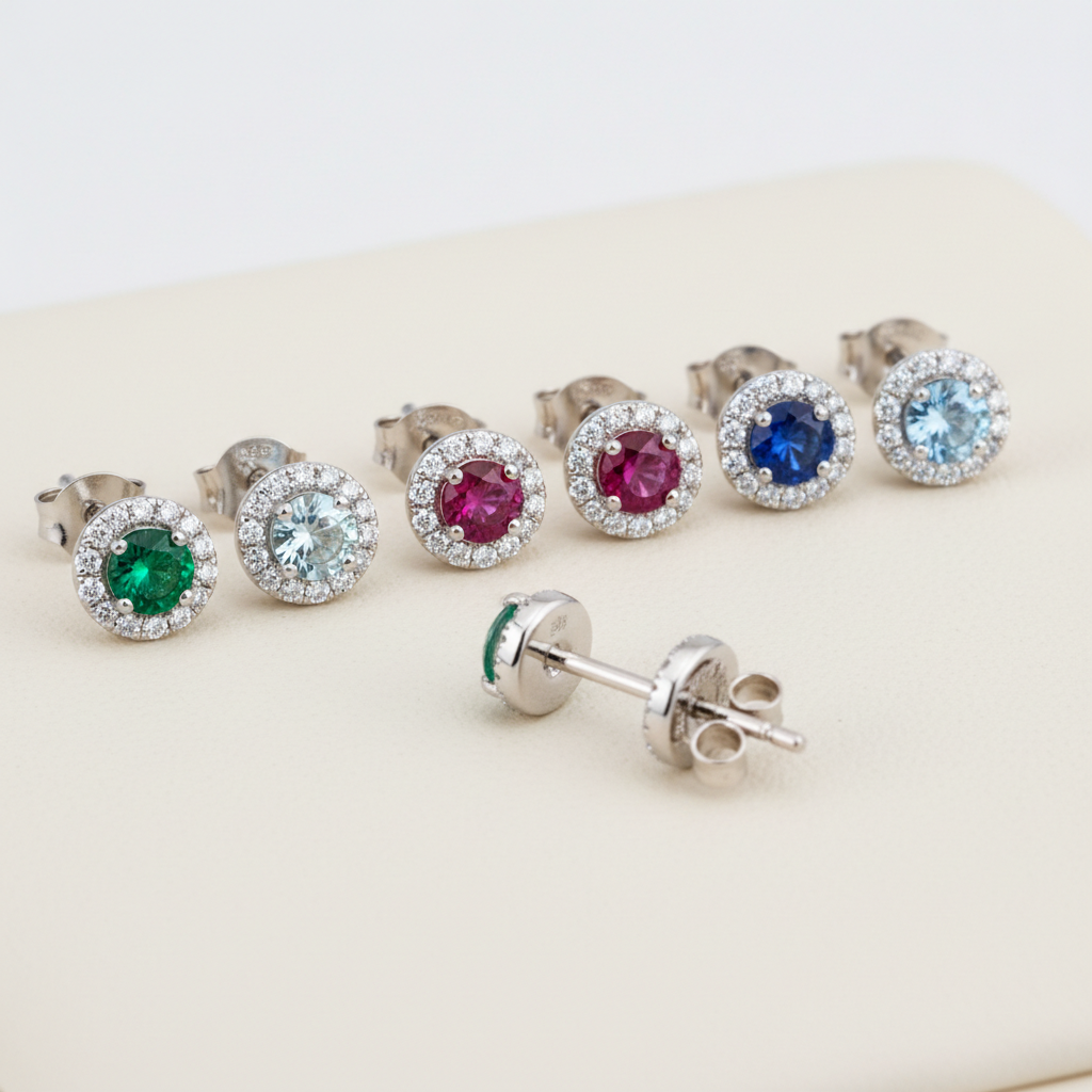 Dainty Precious Stone & Diamond Halo Stud Earrings 10k -THE NET JEWELER
