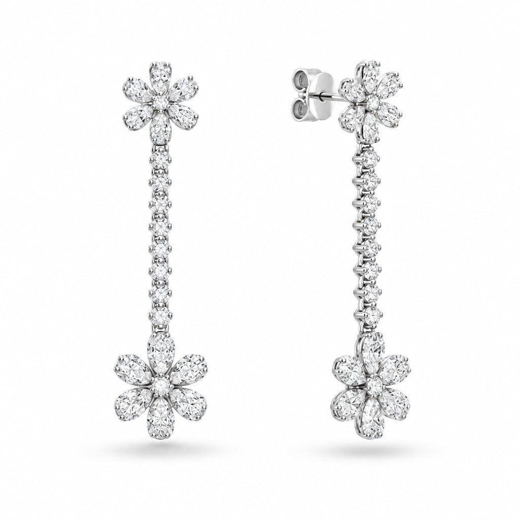 14k white gold flower diamond dangle earrings featuring elegant cascading dangle earrings with sparkling floral motifs