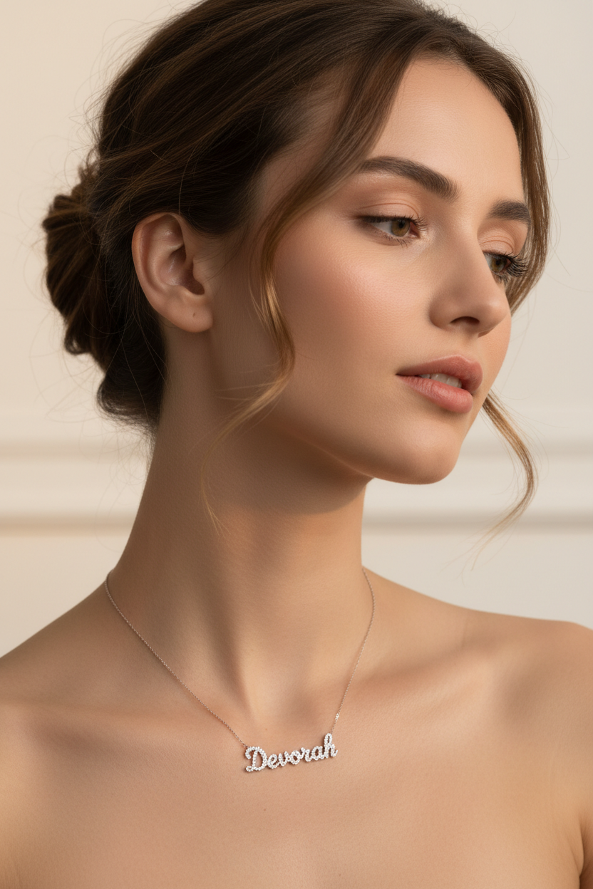Diamond name necklace Devorah on a woman