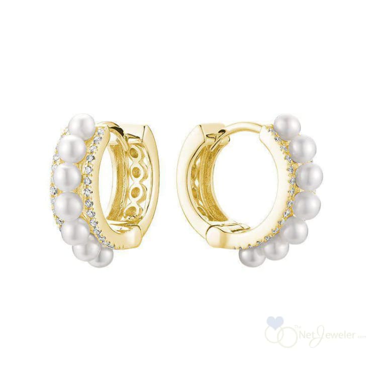 Diamond Pearl Huggie Earrings - Yellow Gold - Earrings